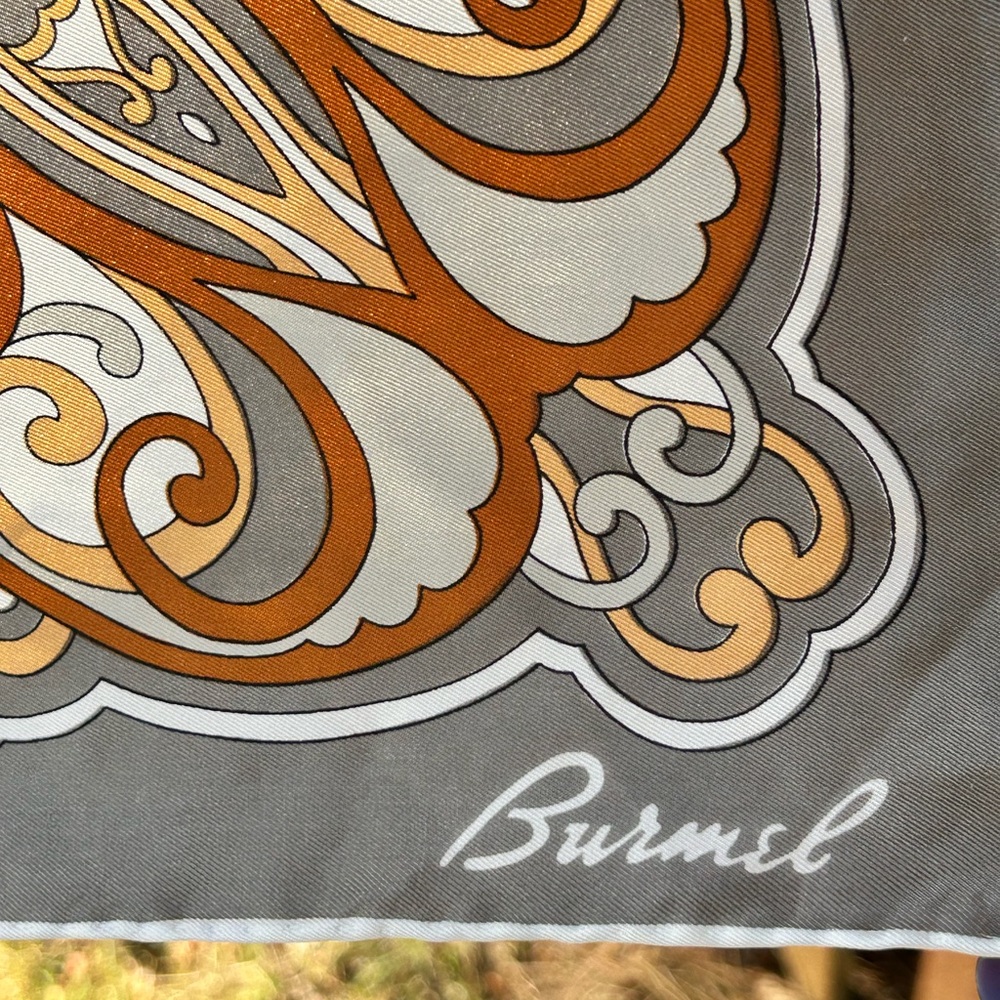 Burmel silk hand rolled vintage Paisley Scarf Japan silver brown geo mod 29” - Picture 3 of 8